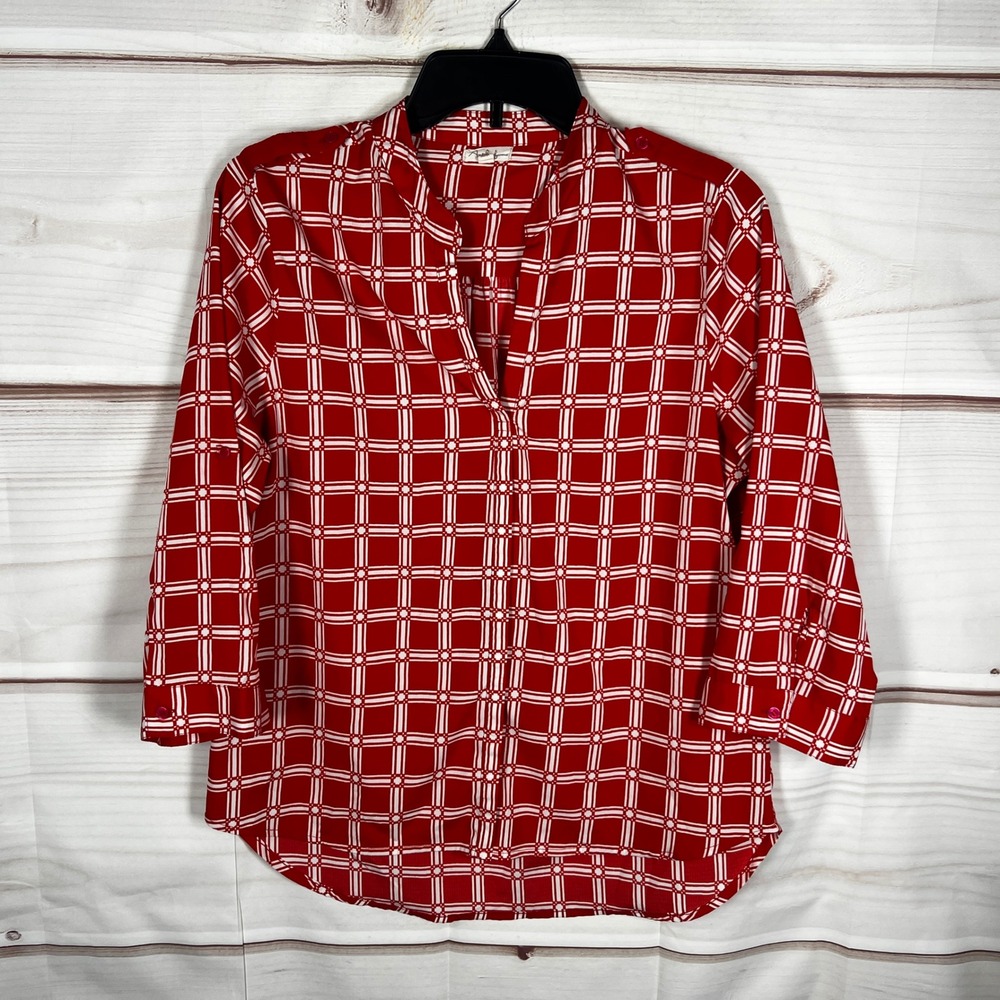 Antilia Femme Blouse Womens Medium Red Plaid 3/4 Sleeve V-Neck Pullover‎ Woven